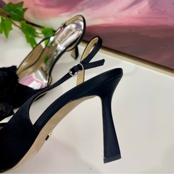 Badgley Mischka Blaire Pleated Satin Slingback Heels with Floral Detail Black 10 - Picture 8 of 11